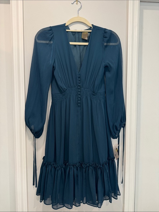 Taylor Dresses & Skirts - Taylor Deep Teal Long-Sleeve V-Neck Ruffle Hem Dress